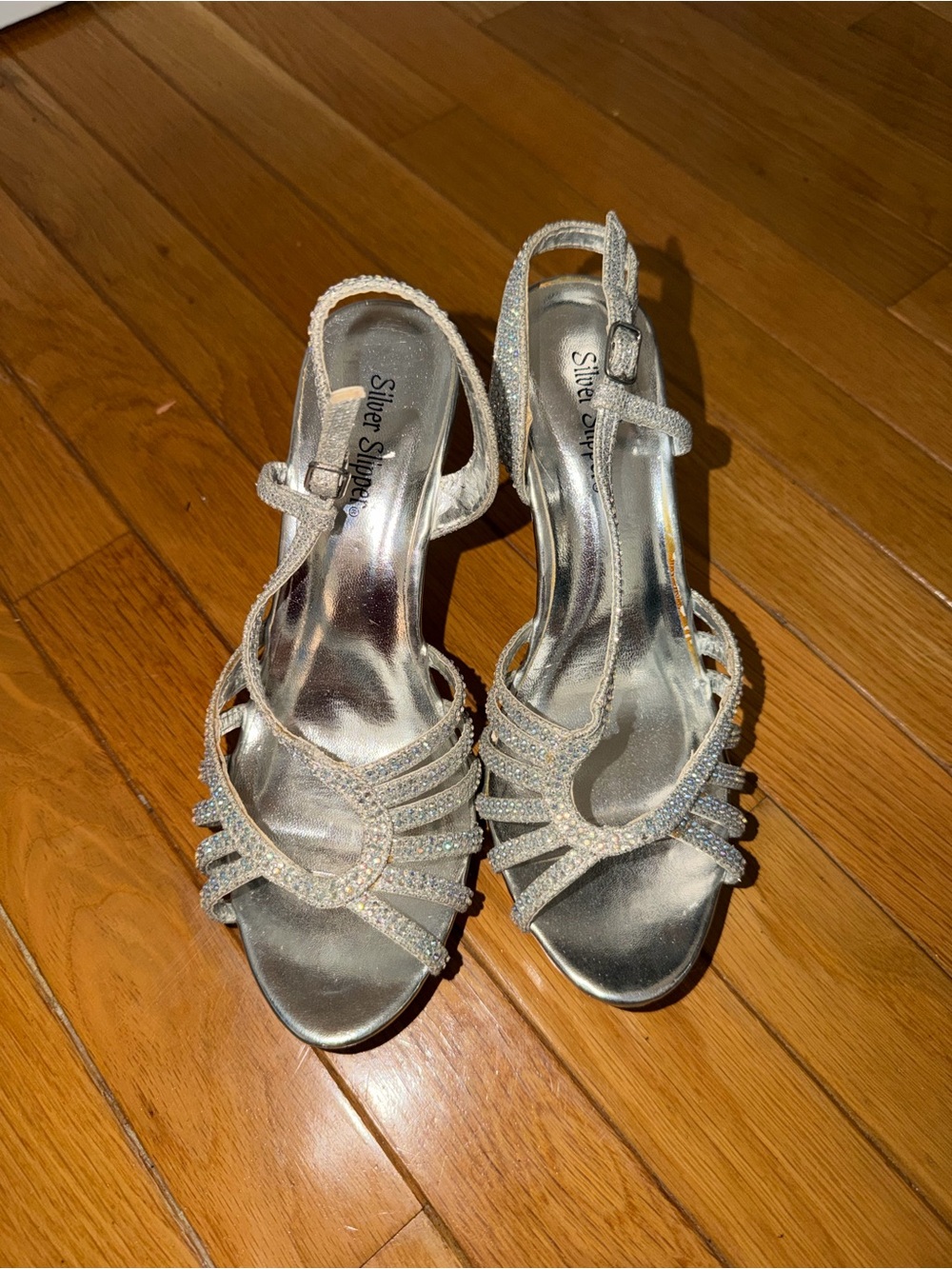Silver Rhinestone Strappy Slingback Heels